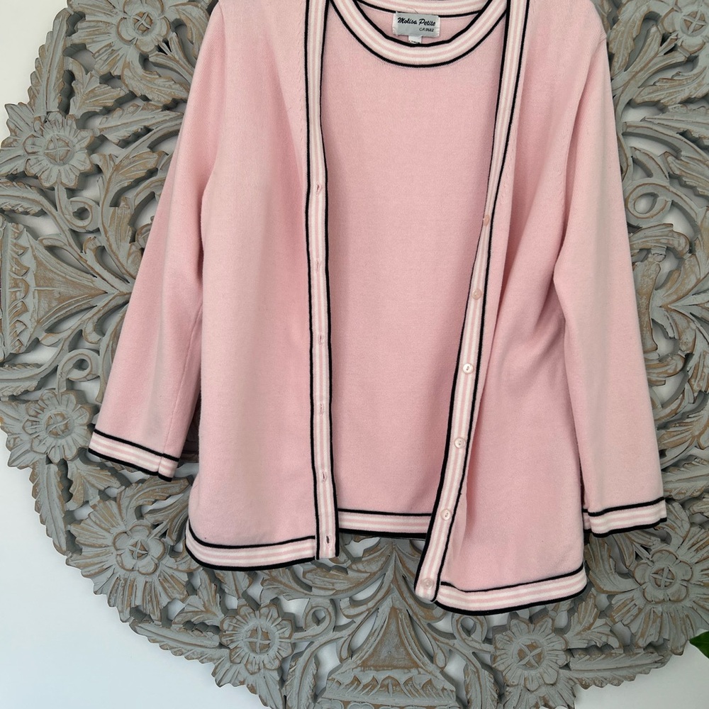 Vintage Baby Pink Cardigan & Matching Camisole Set – Black & White Trim - Picture 1 of 10